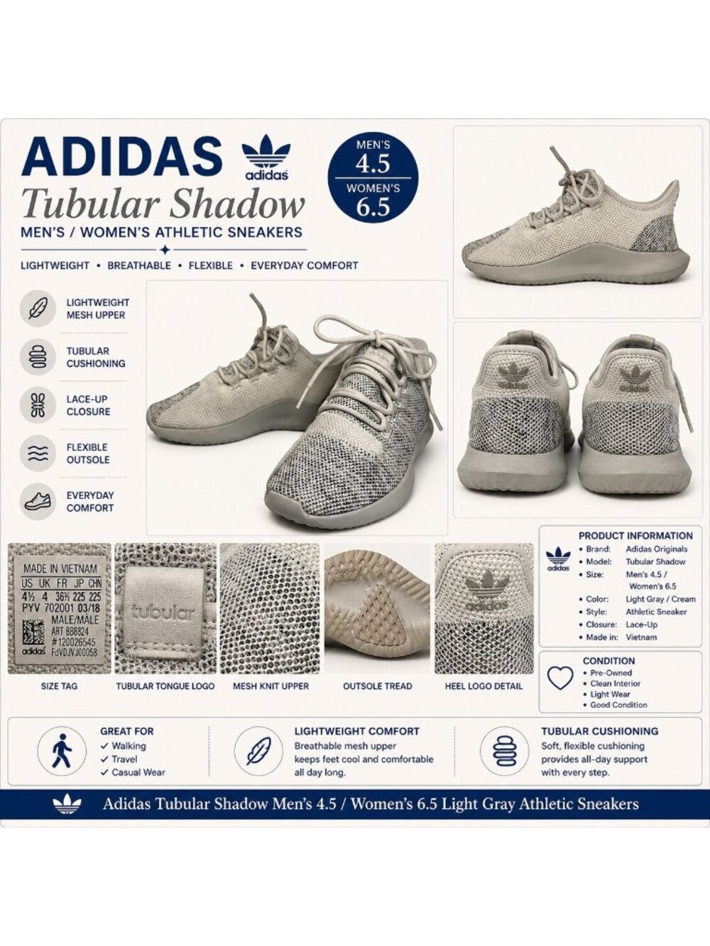 Adidas Tubular Beige/Gray Knit Running Shoes Size Mens 4.5 Ladies 6.5 Athletic
